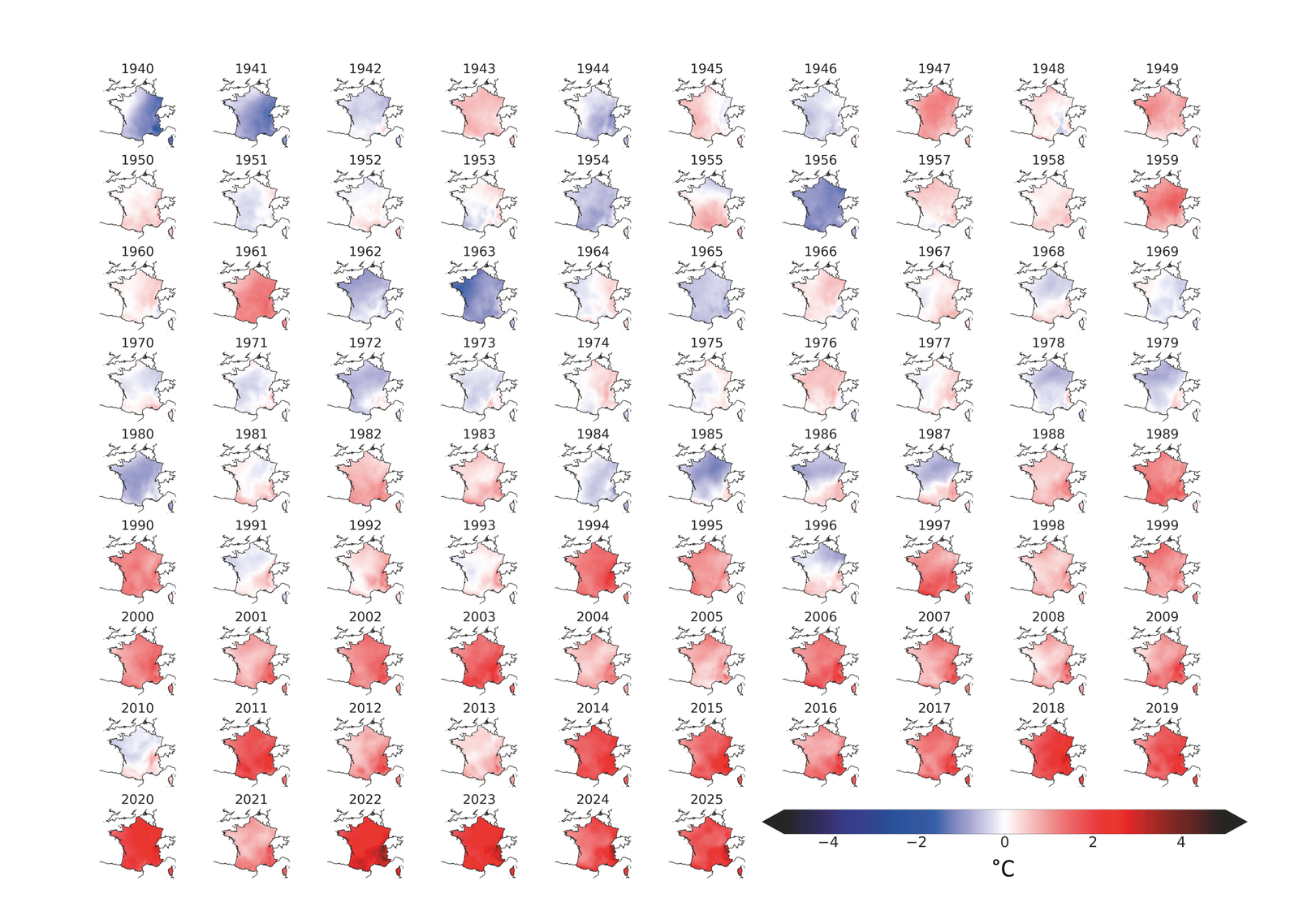 年平均气温图（法国，1940 年至 2025 年）